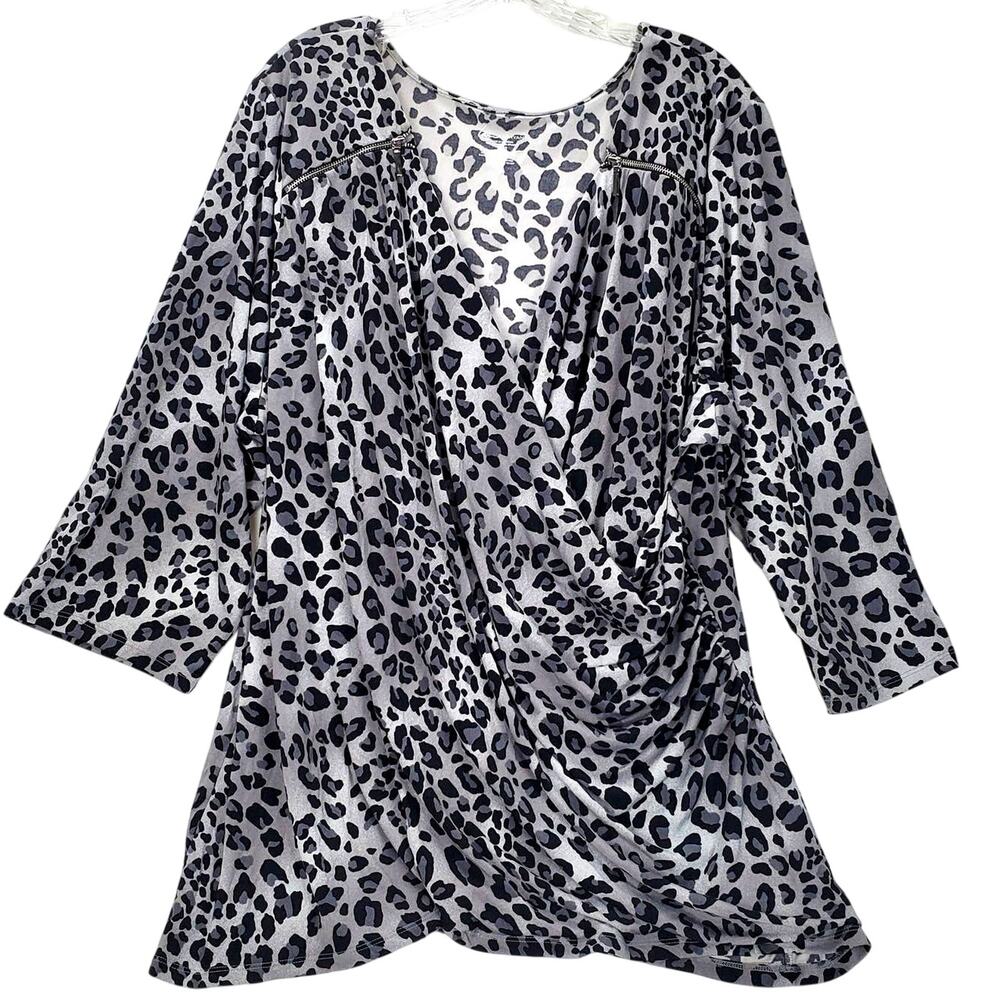 Lane Bryant Cheetah Print Wrap Top 26/28 Black White Drapey Blouse Whimsigoth